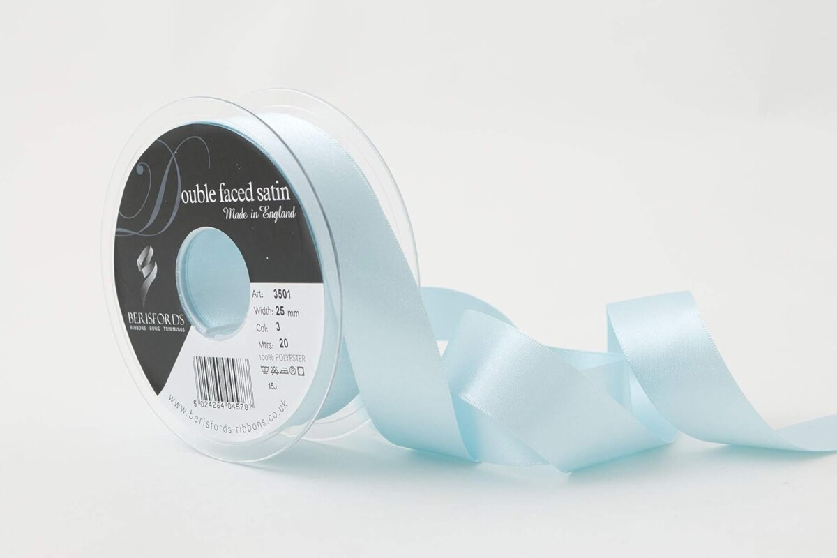 Berisfords Sky Blue 3 Double Sided Satin Ribbon 15mm Full 20 Metre Roll