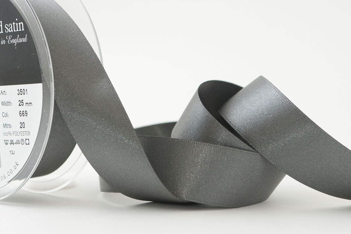 Berisfords Smoked Grey 669 Double Sided Satin Ribbon 25mm Full 20 Metre Roll