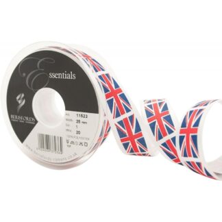 Berisfords Union Jack Decorated Single Sided Satin Ribbon 25mm Full 20 Metre Roll