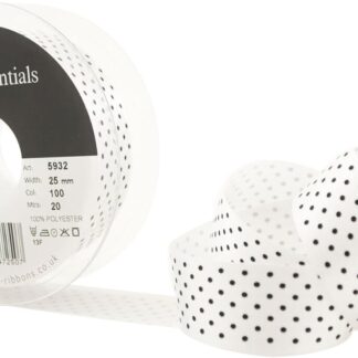 Berisfords White (100) With Black Micro Dots Satin Ribbon 25mm Full 20 Metre Roll