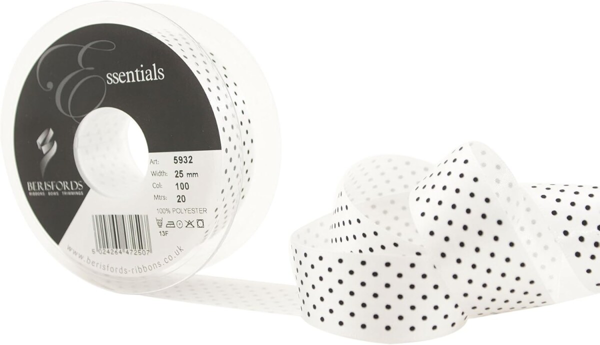 Berisfords White (100) With Black Micro Dots Satin Ribbon 25mm Full 20 Metre Roll